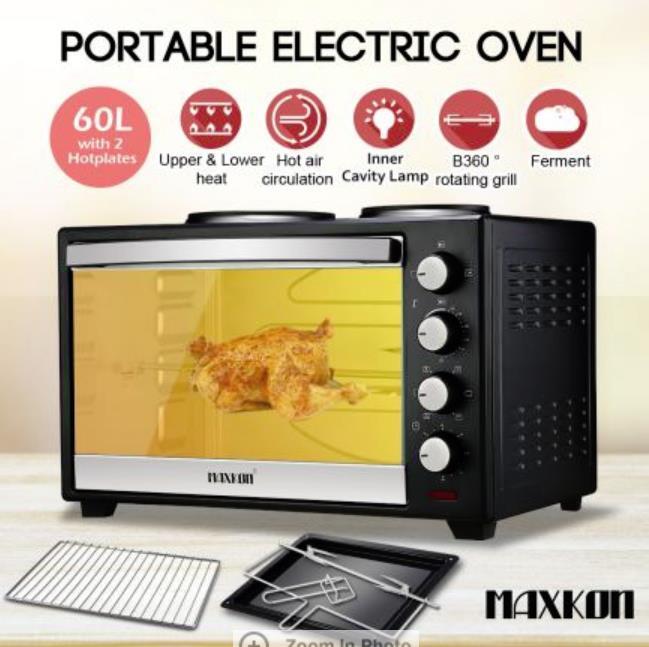 Maxkon 60L Portable Oven Electric Convection Toaster with Rotisserie & Hotplates Black
