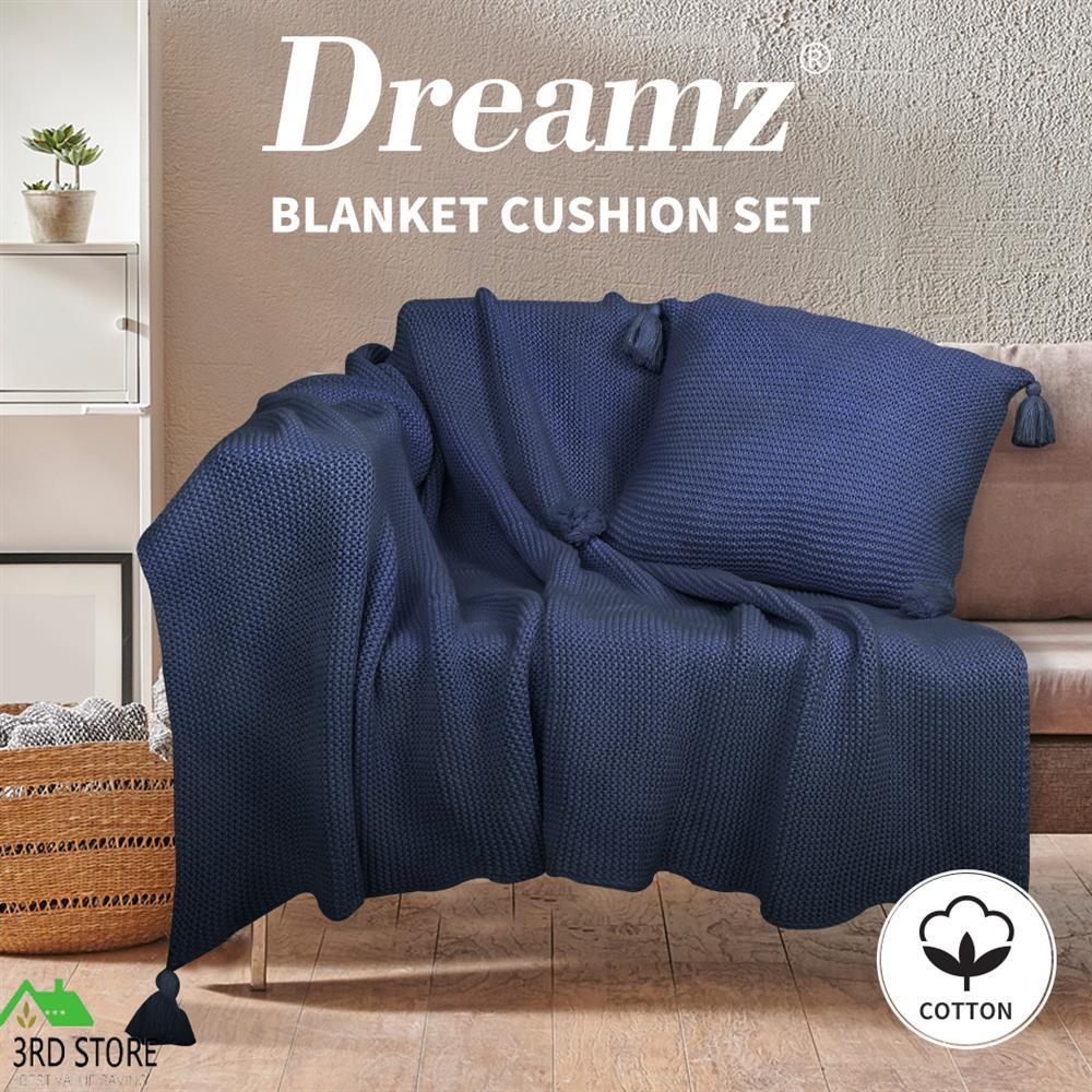 DreamZ Knitting Throw Blanket Cushion Set Pillow Tassel Fringe Sofa Bed Rug Navy