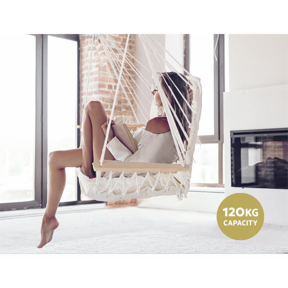 Gardeon Hammock Chair Hanging Rope Outdoor Camping Portable Swing Hammocks Cream